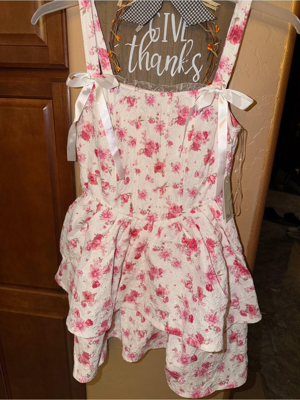 Floral Pink Tiered Sundress with Ribbon Straps